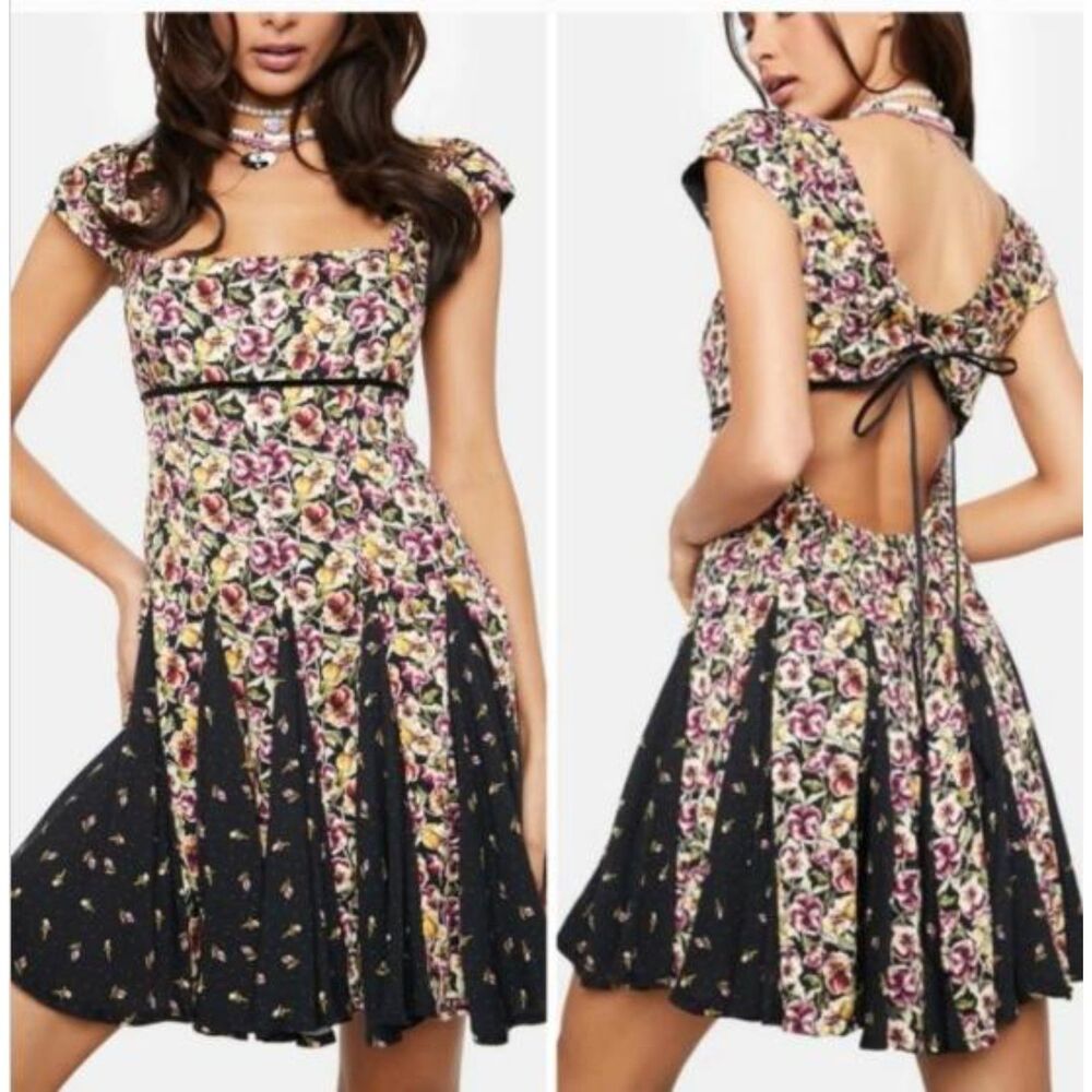 SZ L Free People PONDEROSA Cutout Back Mini Dress Black Floral w Velvet Trim